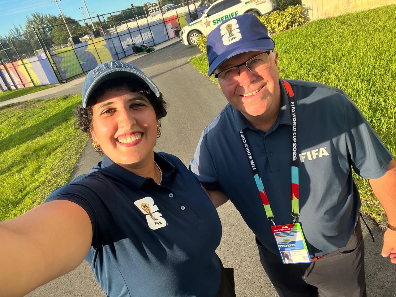 Zineb Alouani with FIFA Senior Pitch Manager Alan Ferguson at FIFA World Cup in Miami